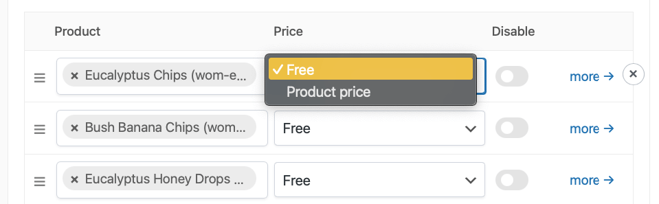 Setting the product price to free