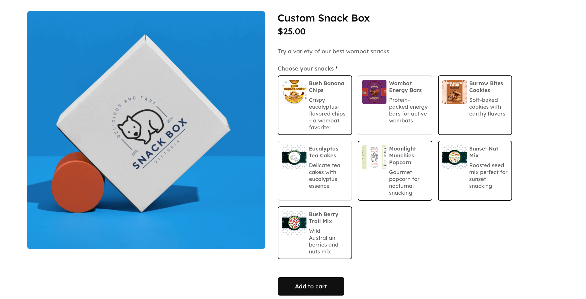 Snack box with product grid on the front end