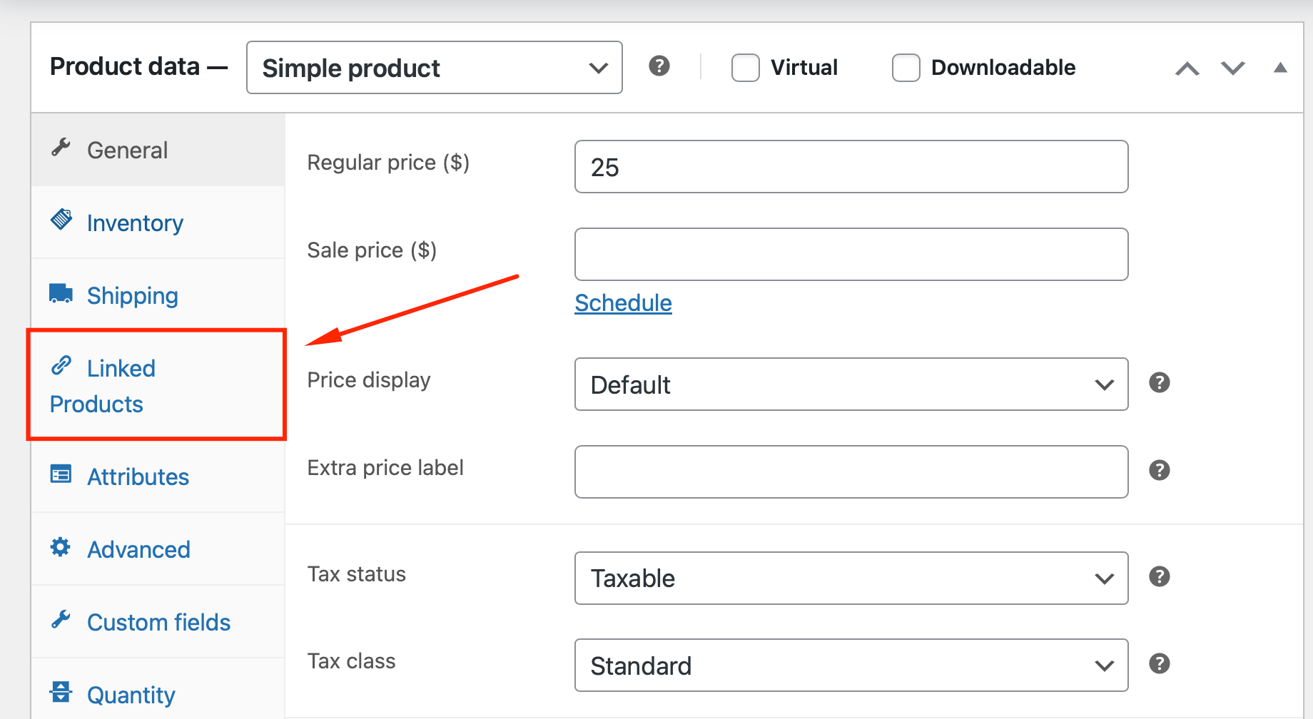 Linked Products tab in Product data