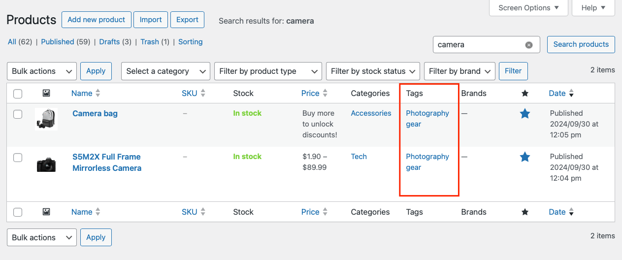 Adding the same tags to products in different categories
