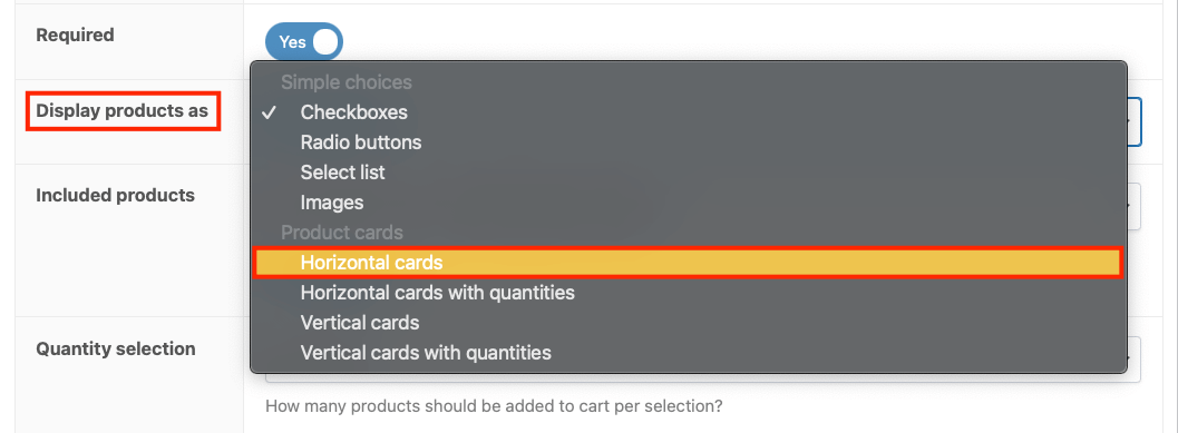 Choosing to display products as horizontal cards without quantities