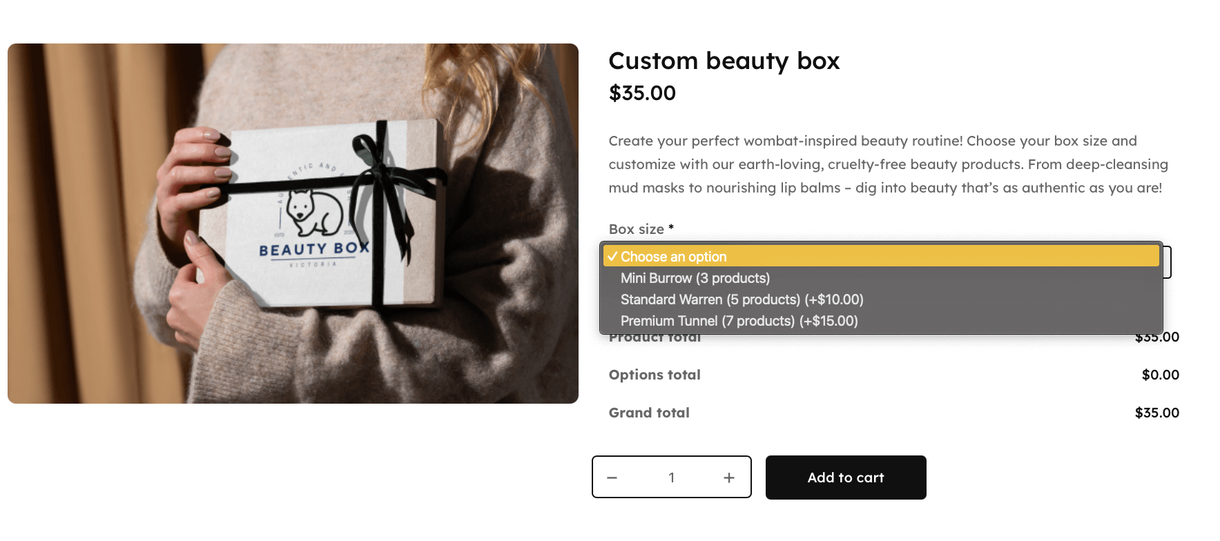 Custom beauty box front end – choose box size field