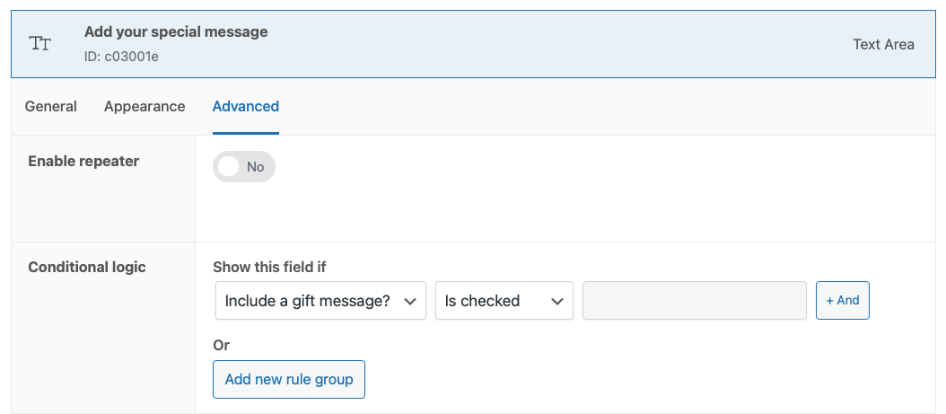 Adding a conditional rule for the text area field