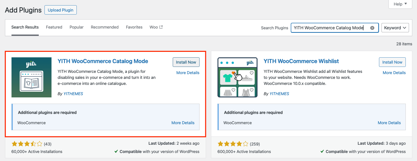 Finding the YITH WooCommerce Catalog Mode plugin in WordPress