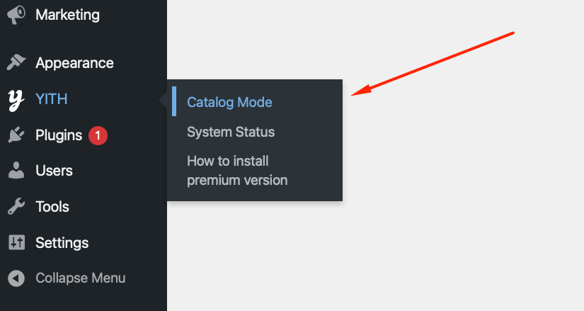 Catalog Mode tab in YITH menu