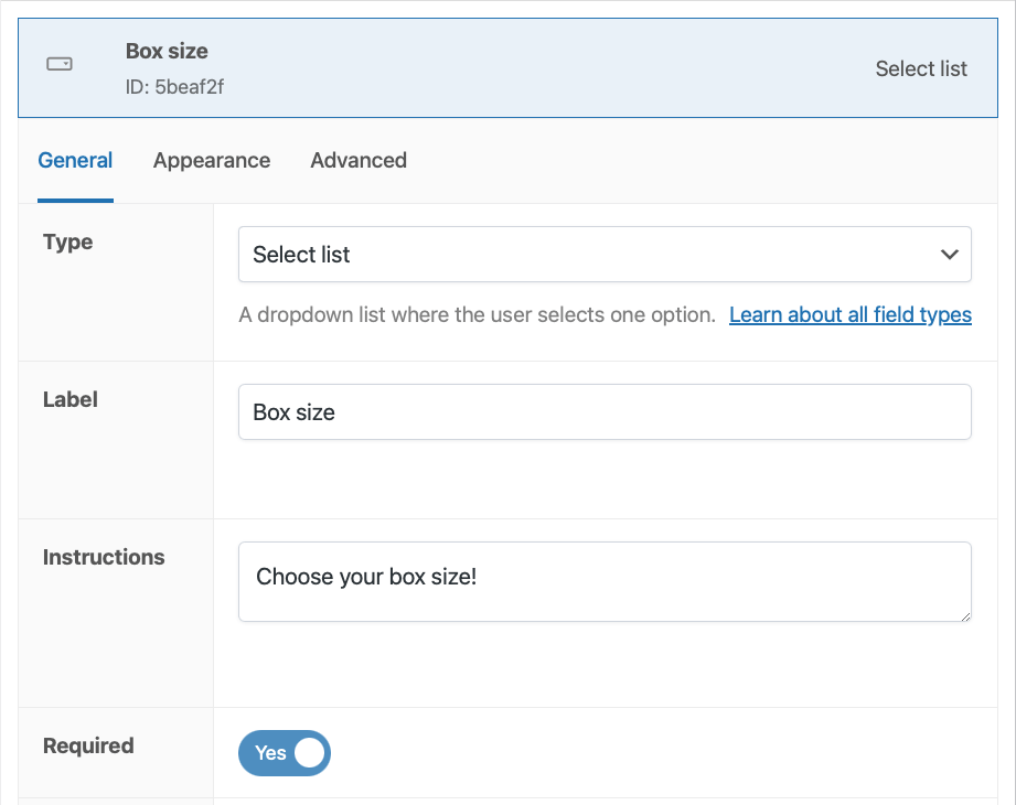 Label and instructions for the “Select list” product field 