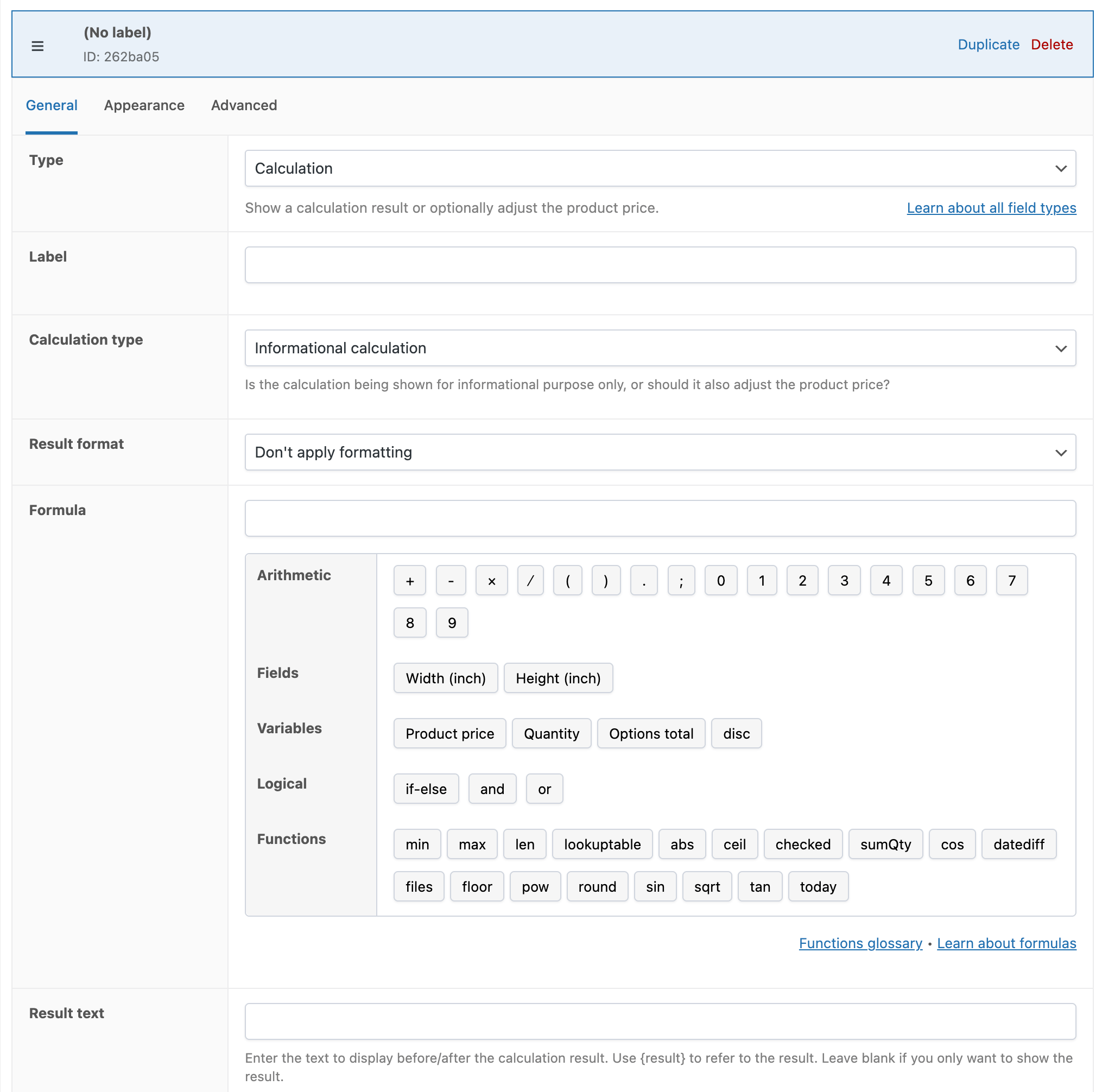 The backend settings for APF's calculation field