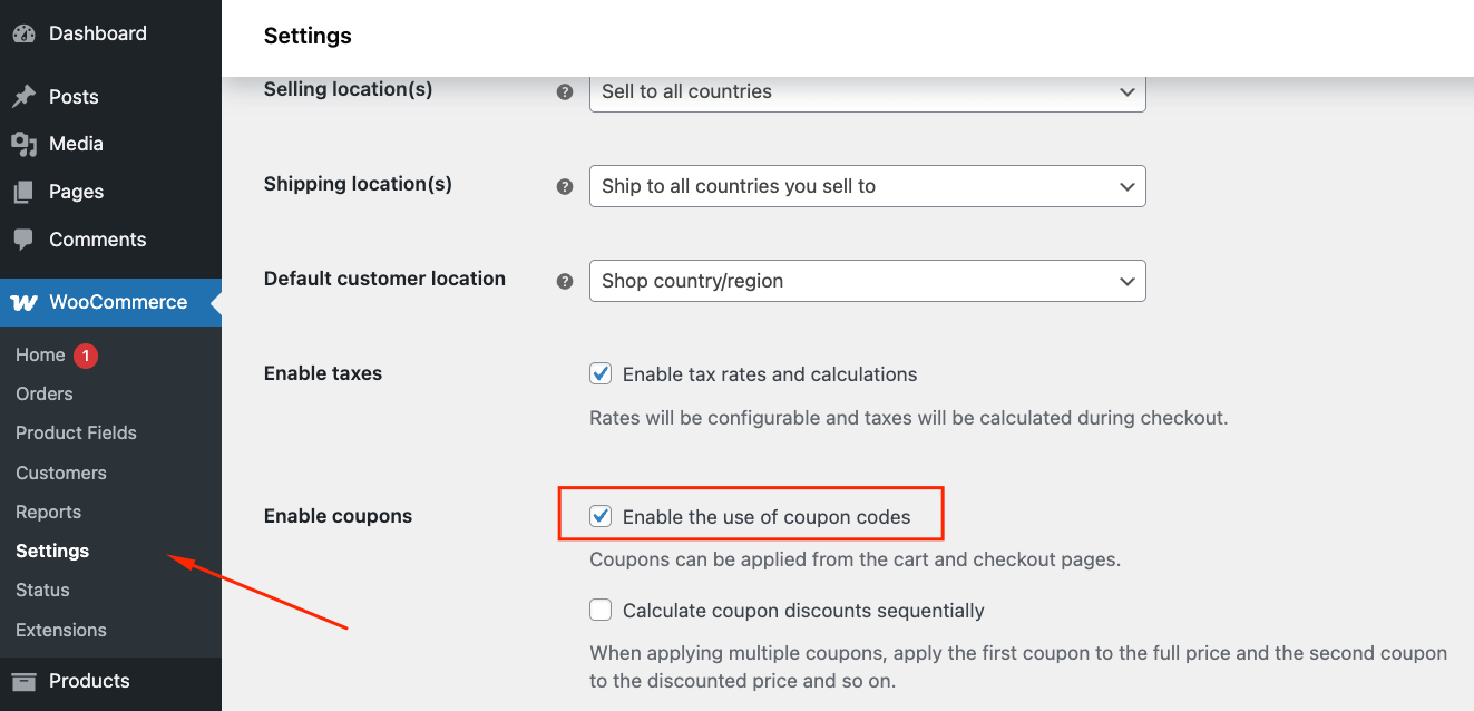 Enable WooCommerce coupons in settings