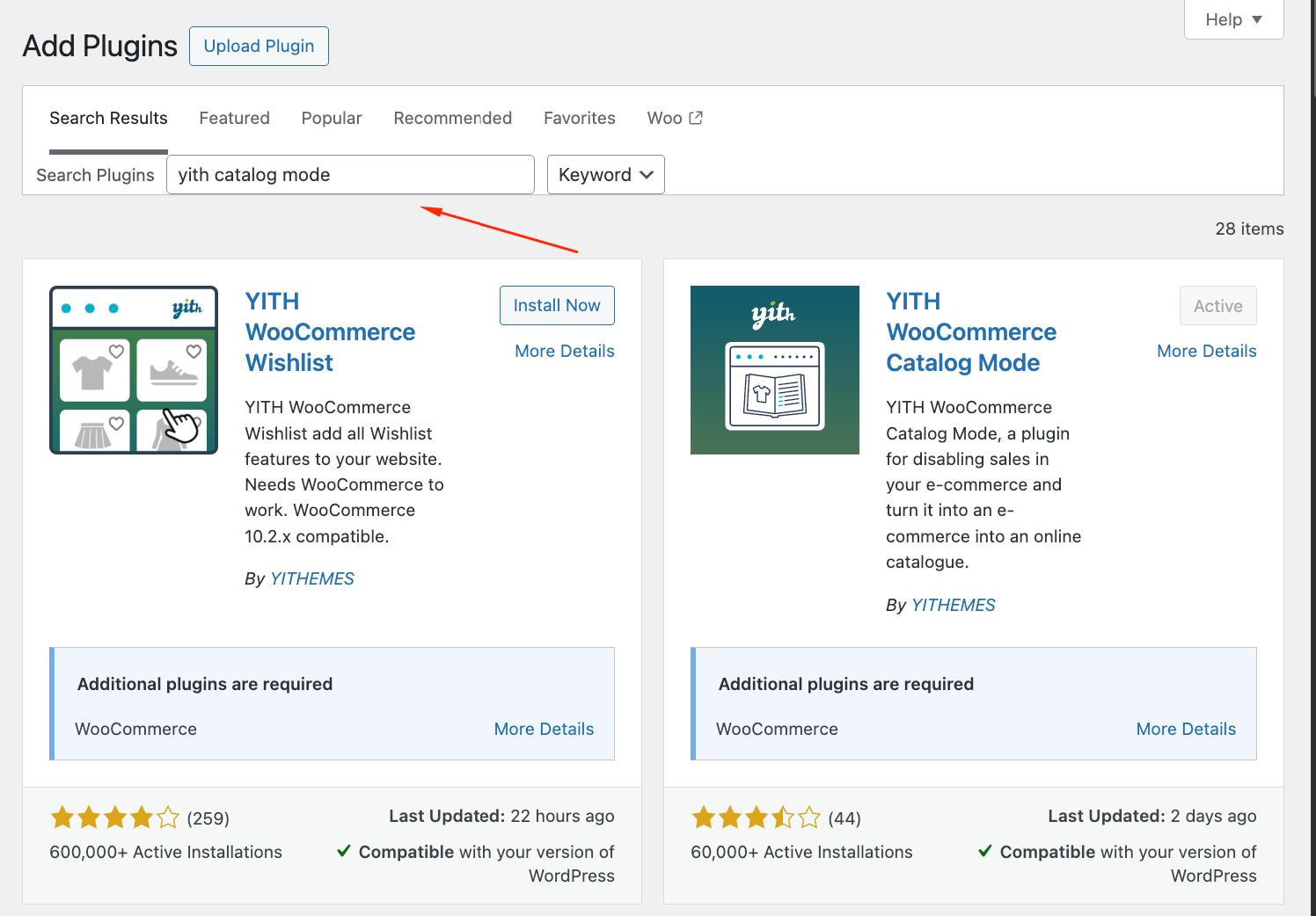 Find YITH Catalog mode plugin in WordPress