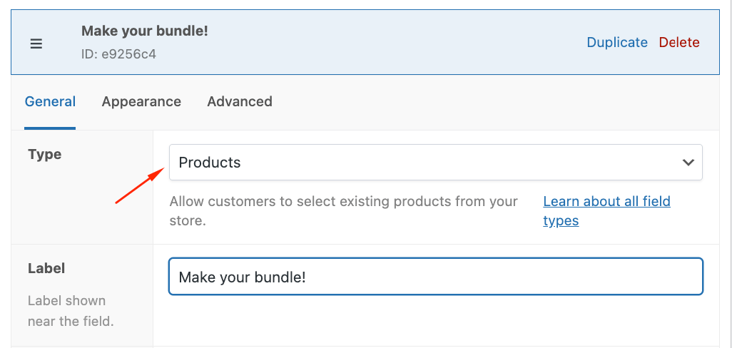 Add a Products field type and give it a label