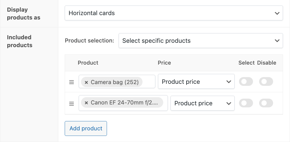 Add child products as horizontal cards