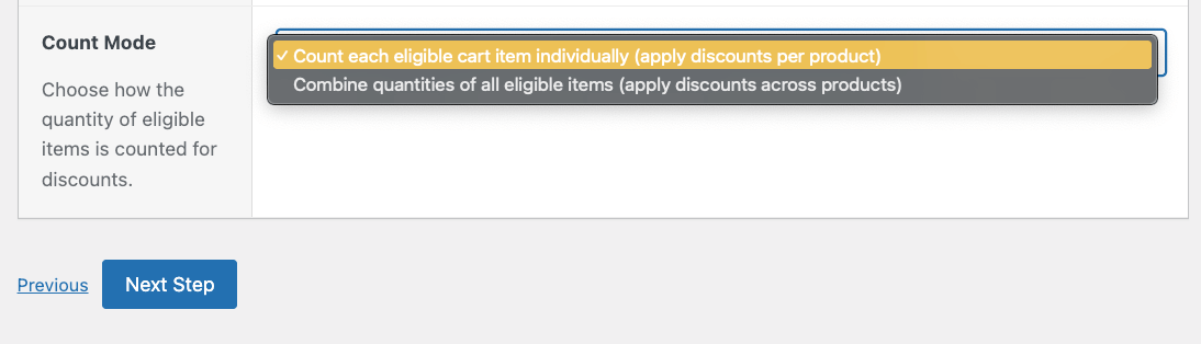 Selecting a count mode for a tiered discount