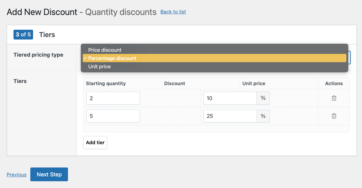 Setting the tiered pricing type and adding the separate tiers