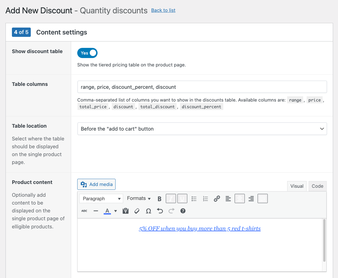 Content settings for a tiered pricing discount