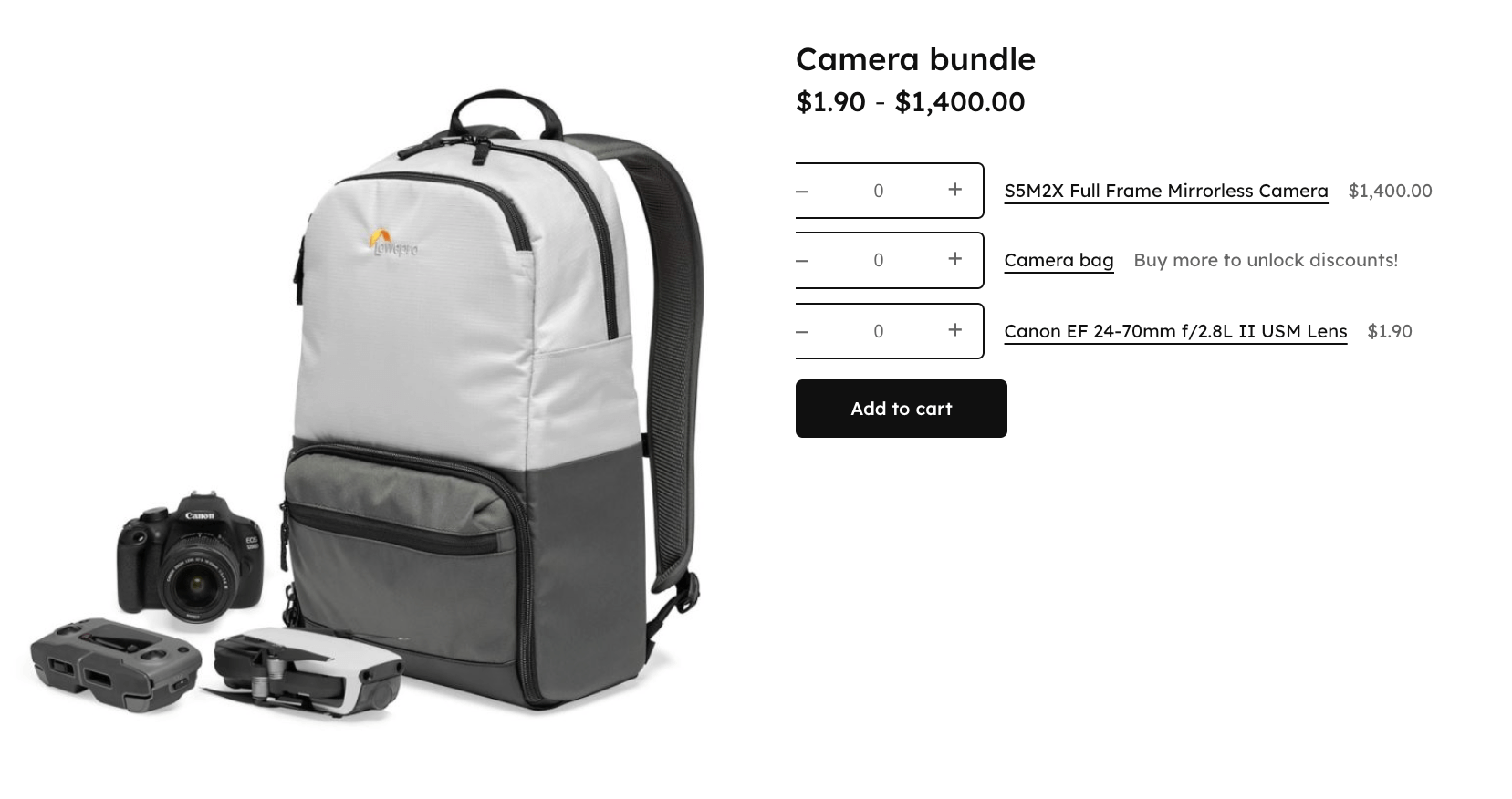 Example of the default WooCommerce grouped products option