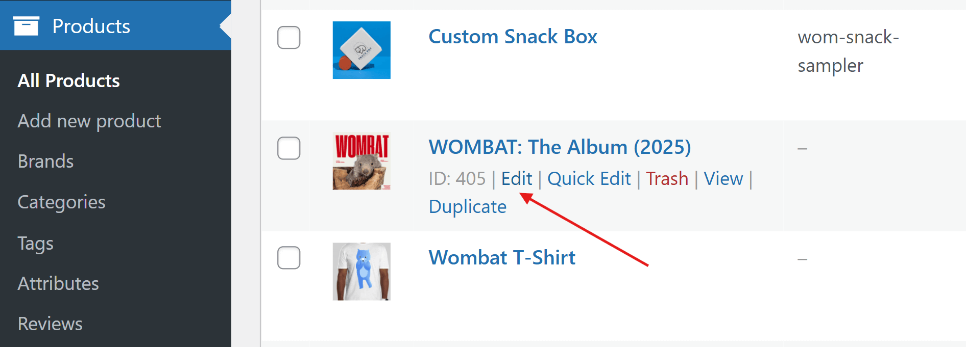 Choose “Edit” on a product