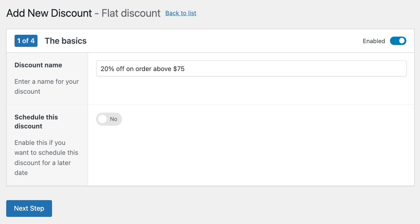 Name and schedule a cart subtotal discount