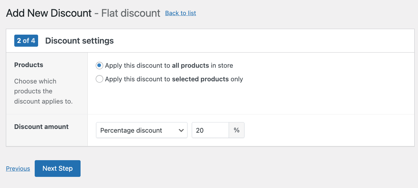 Discount settings for a percentage discount