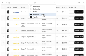 WooCommerce Product Tables - example table for a tire shop