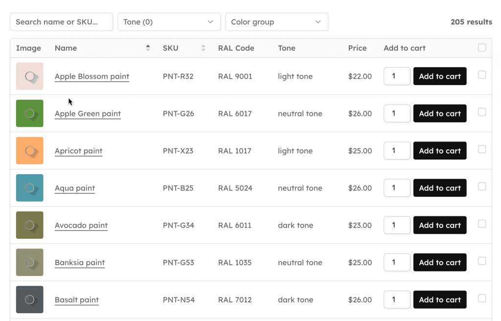 An animation of a WooCommerce product table displaying fast search and filtering