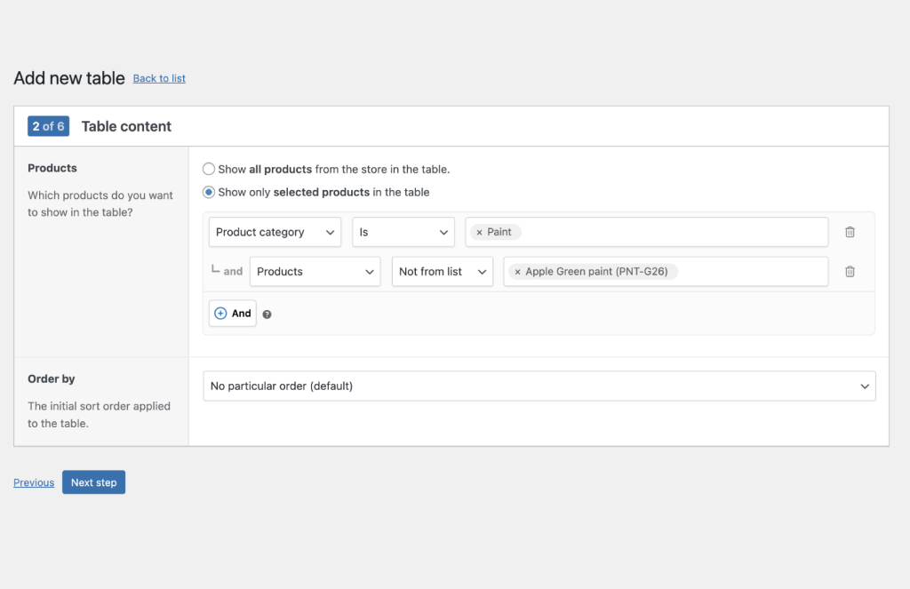 Table Builder Product Query