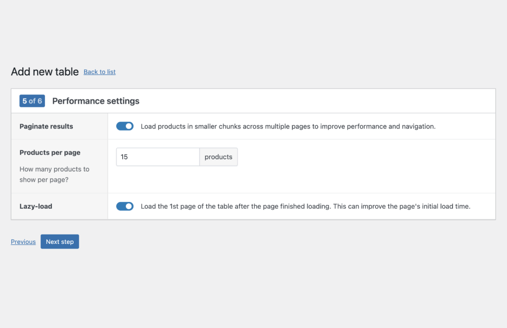 WooCommerce Product Tables - performance settings