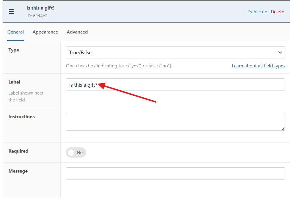 Label your field with text that will appear on the store page