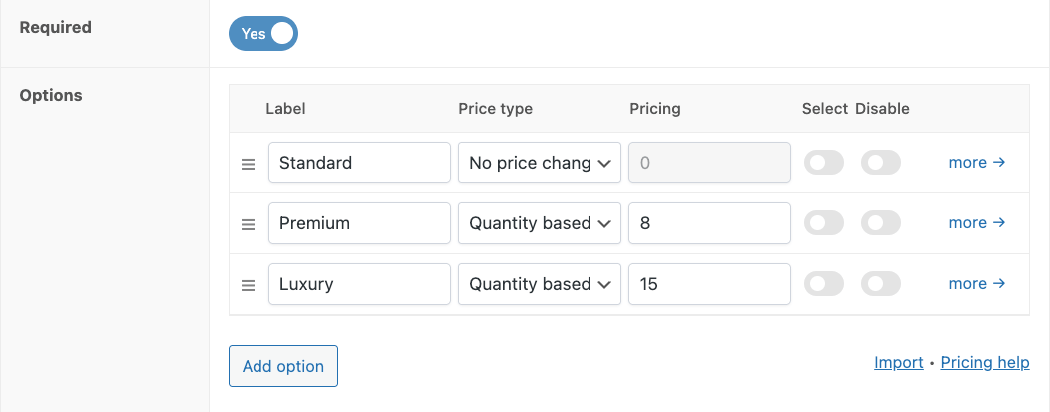 Add your gift wrapping options under the “Options” tab