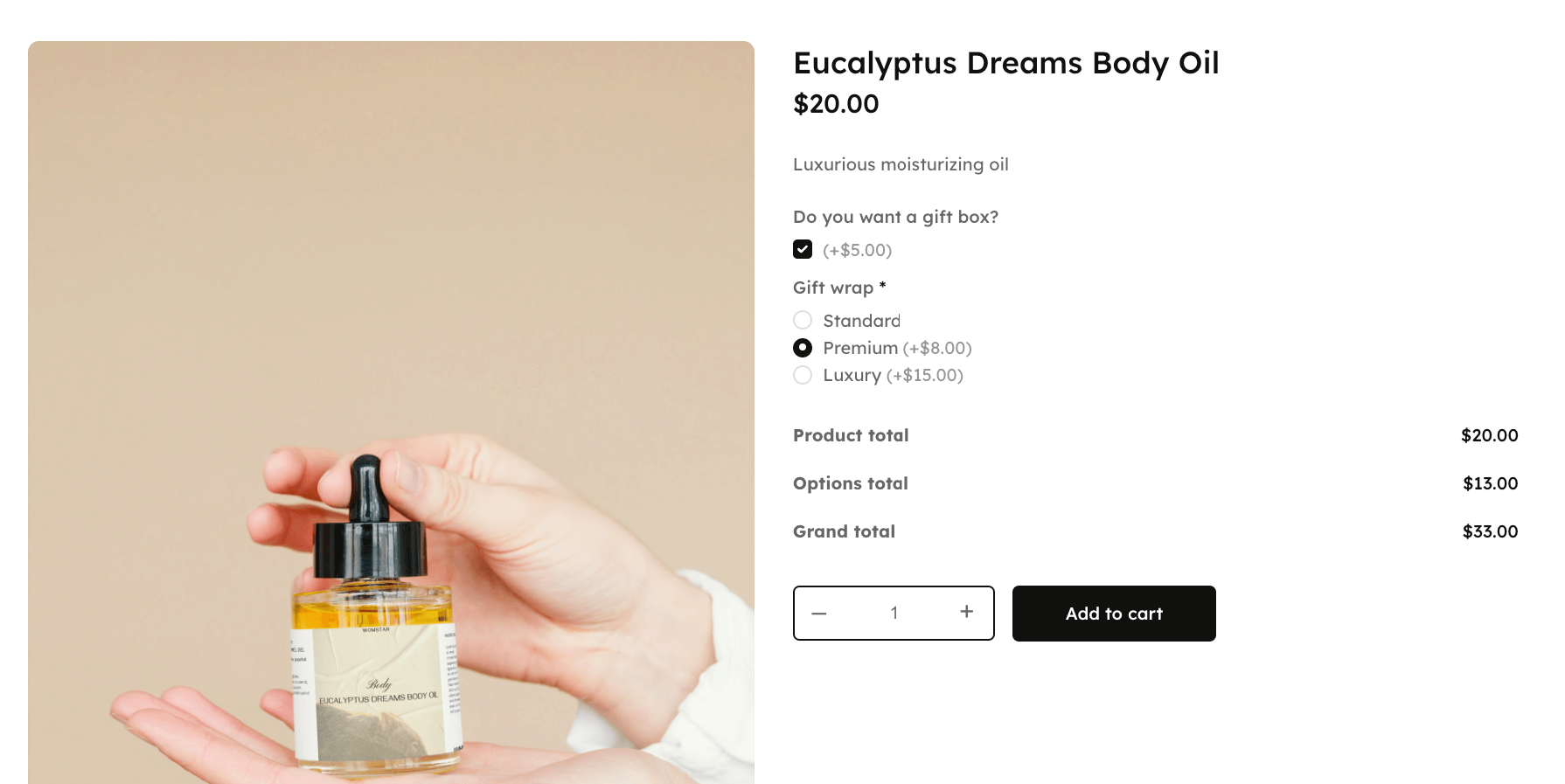 Tiered gift wrapping options on Eucalyptus Dreams Body Oil product page