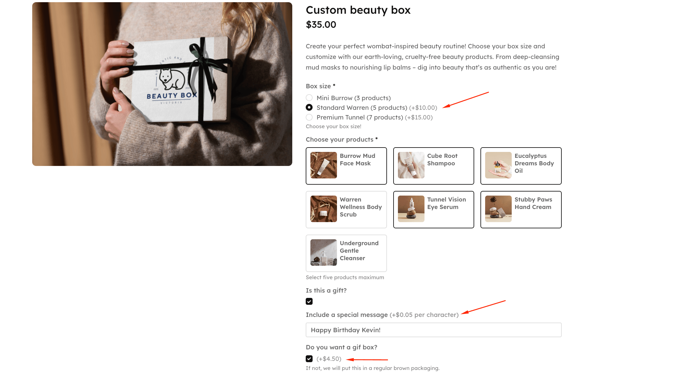Preview of checkboxes, radio buttons, and text fields on a custom beauty box page
