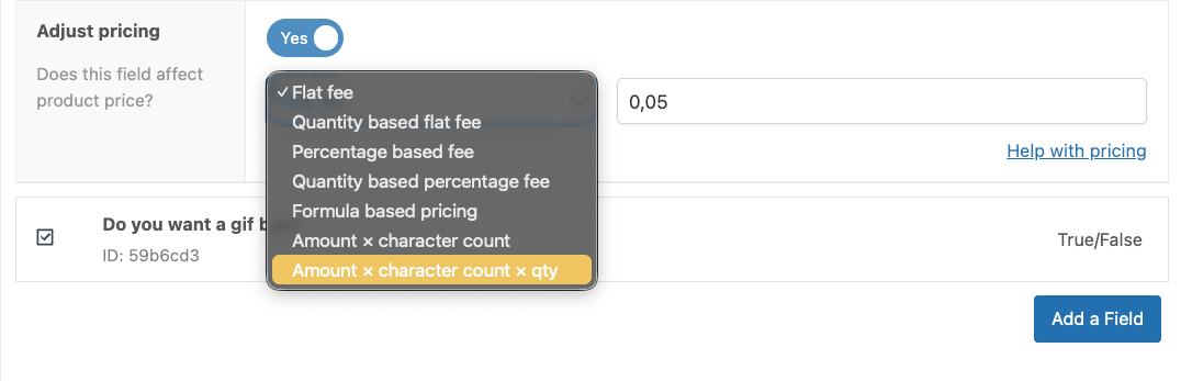 Pricing options on the custom fields page in the product dashboard