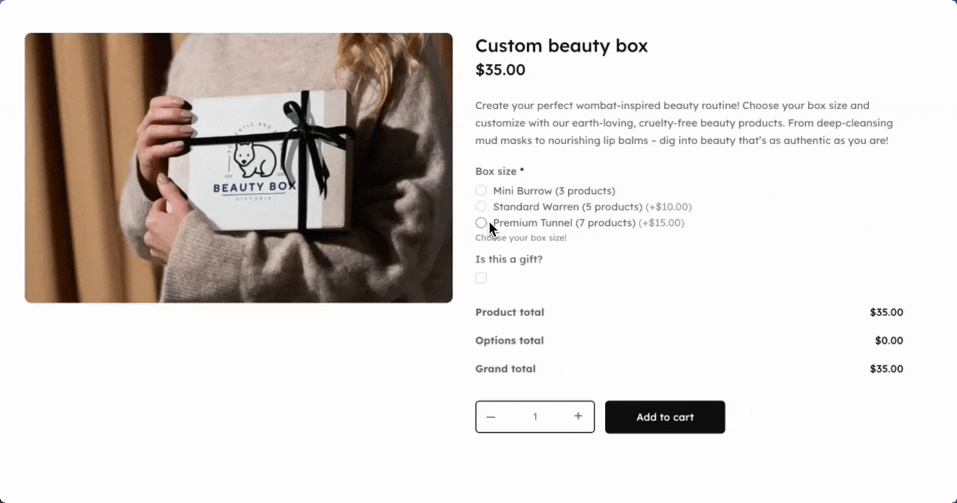 Example of real-time price update and product line items on a custom beauty box page