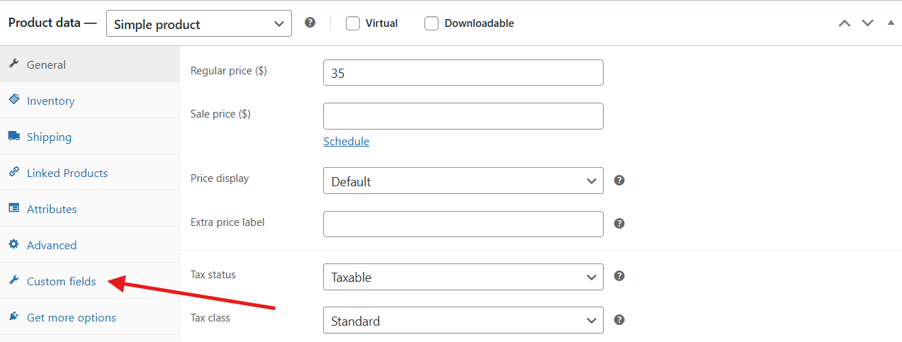 Select “Custom fields” on your base product