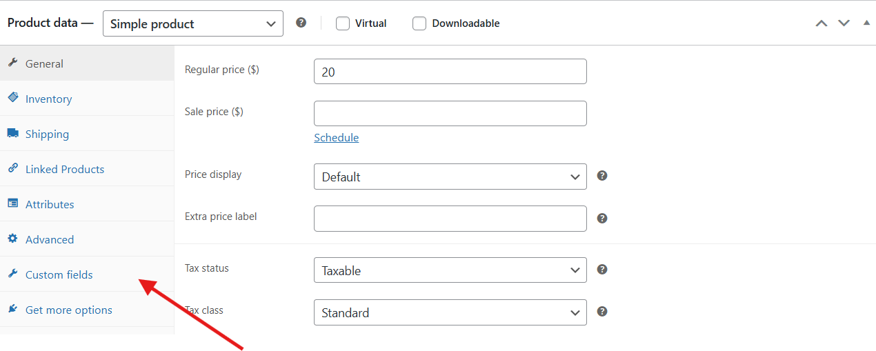 Click “Custom fields” under the “Product data” tab