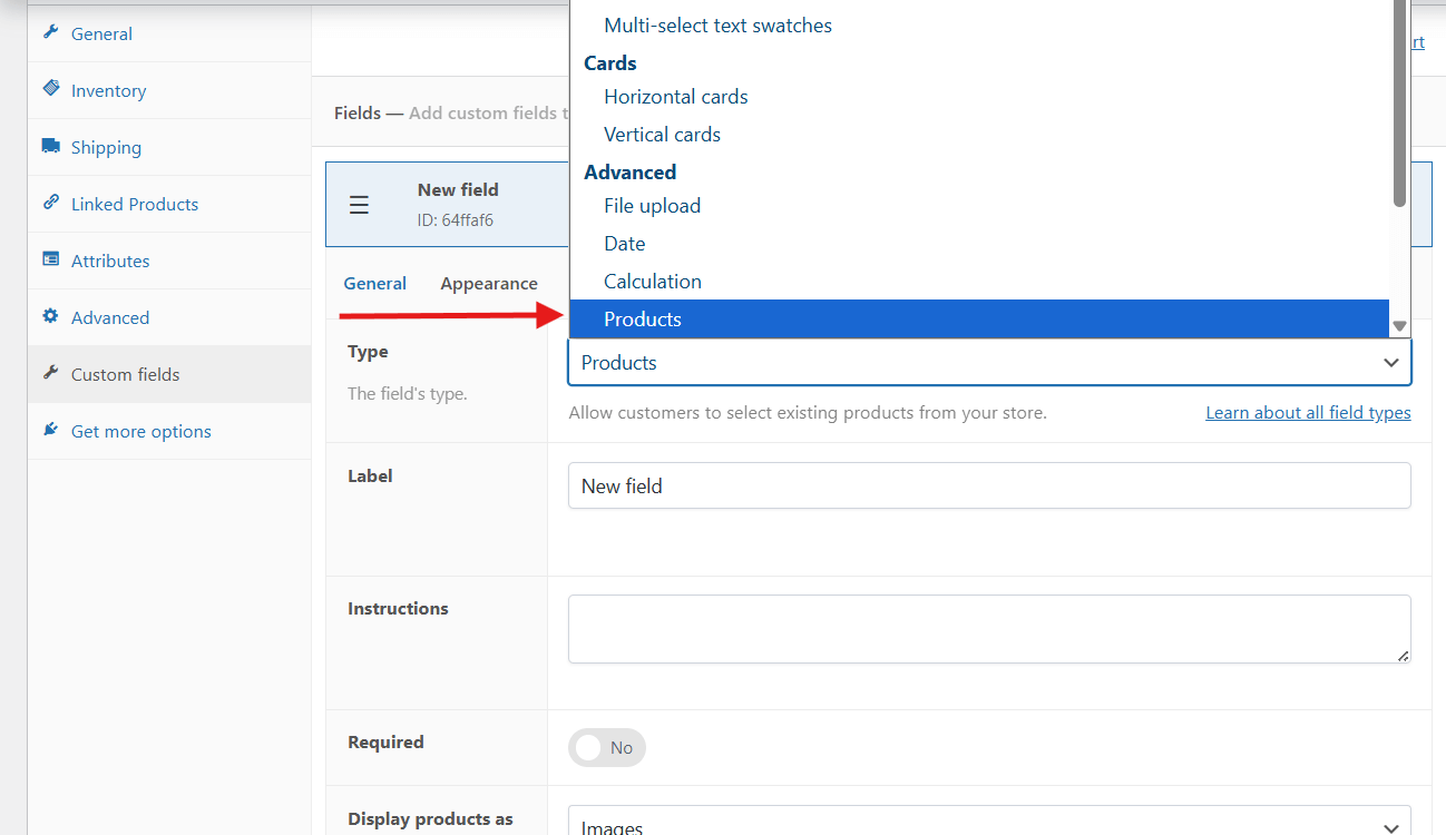 Click “Type” and then choose “Products”