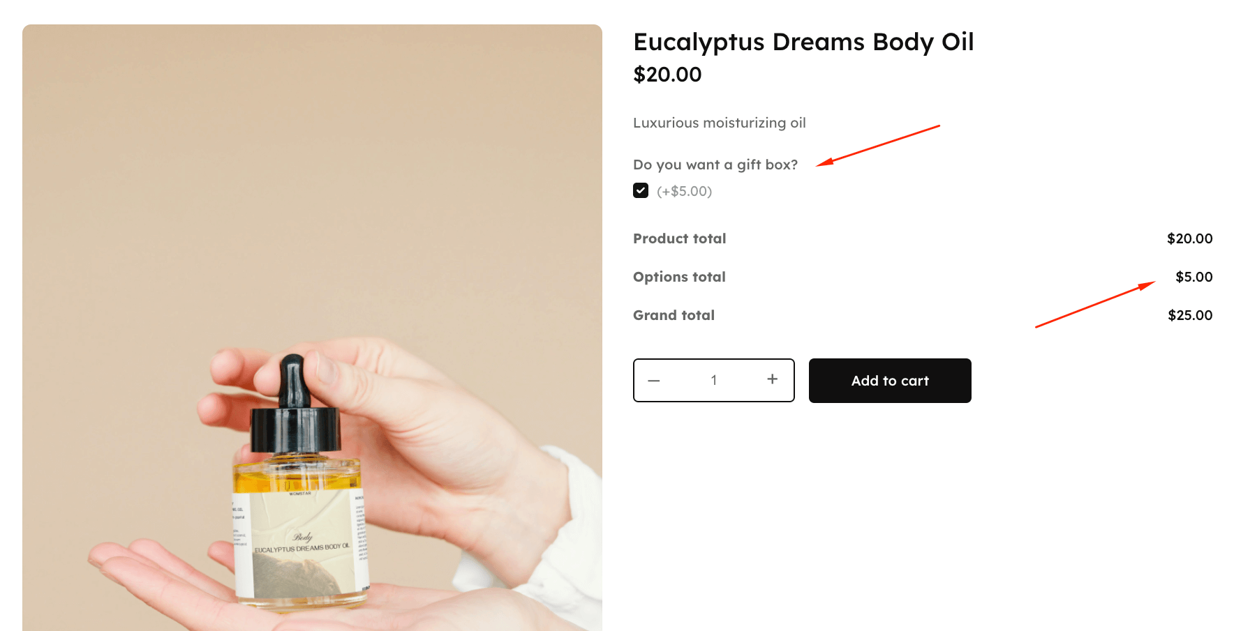Gift wrap option on the Eucalyptus Dreams Body Oil product page