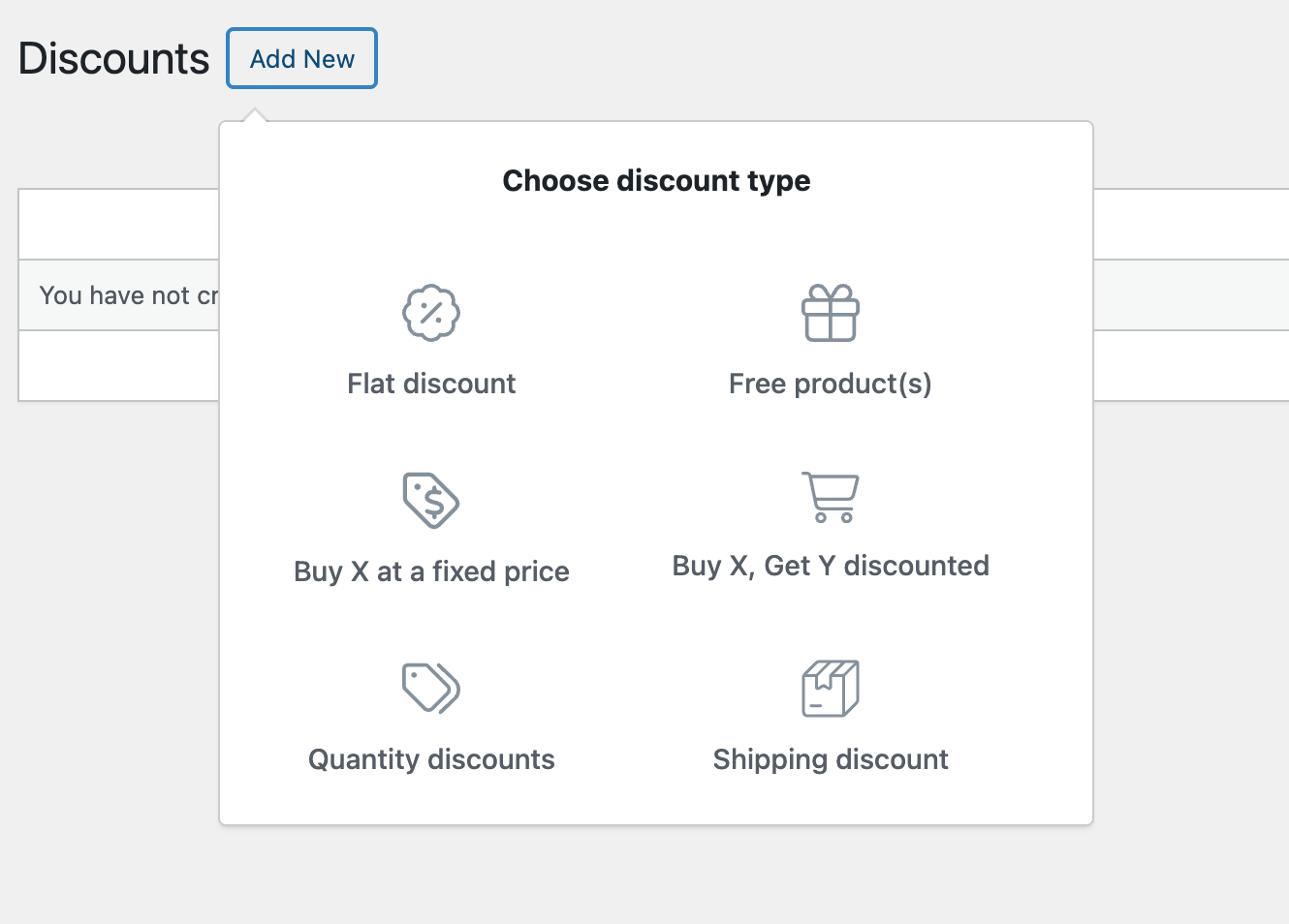 Create a discount with WooCommerce Discounts: select a discount type