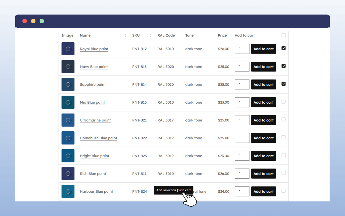 add to cart product table