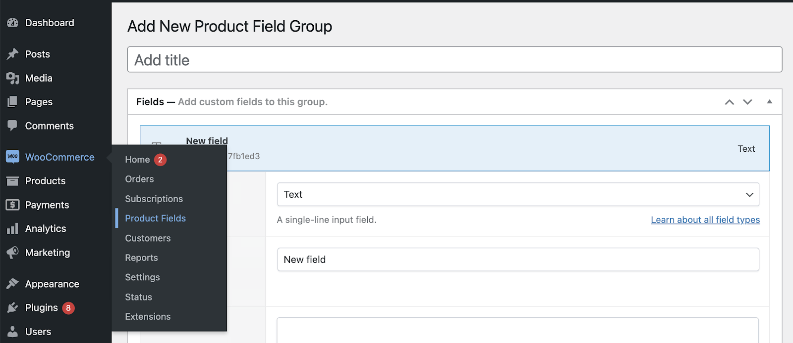 WooCommerce > Product Fields menu in the WP backend