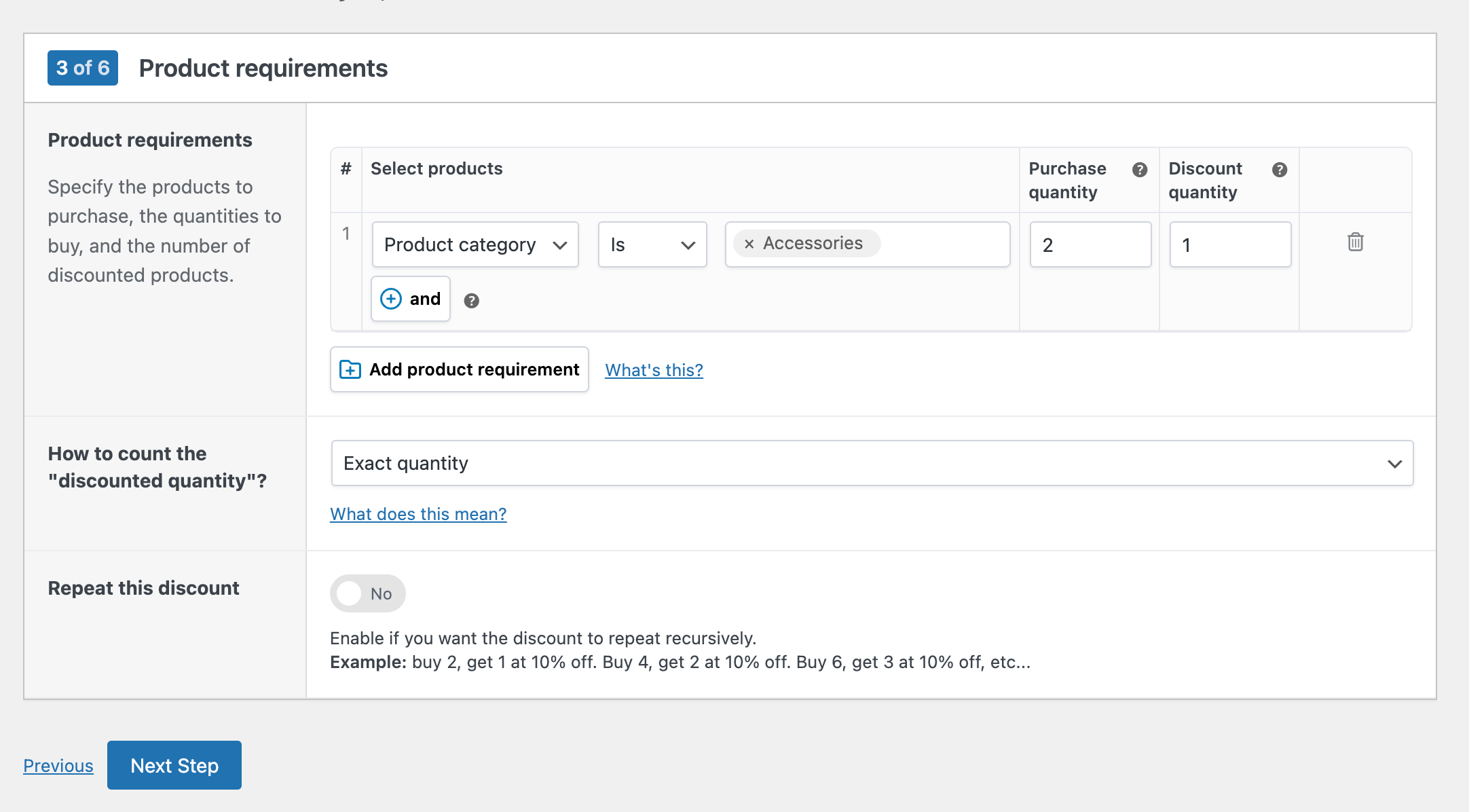 Create a "Buy X, get Y discounted" discount in WooCommerce: select product requirements