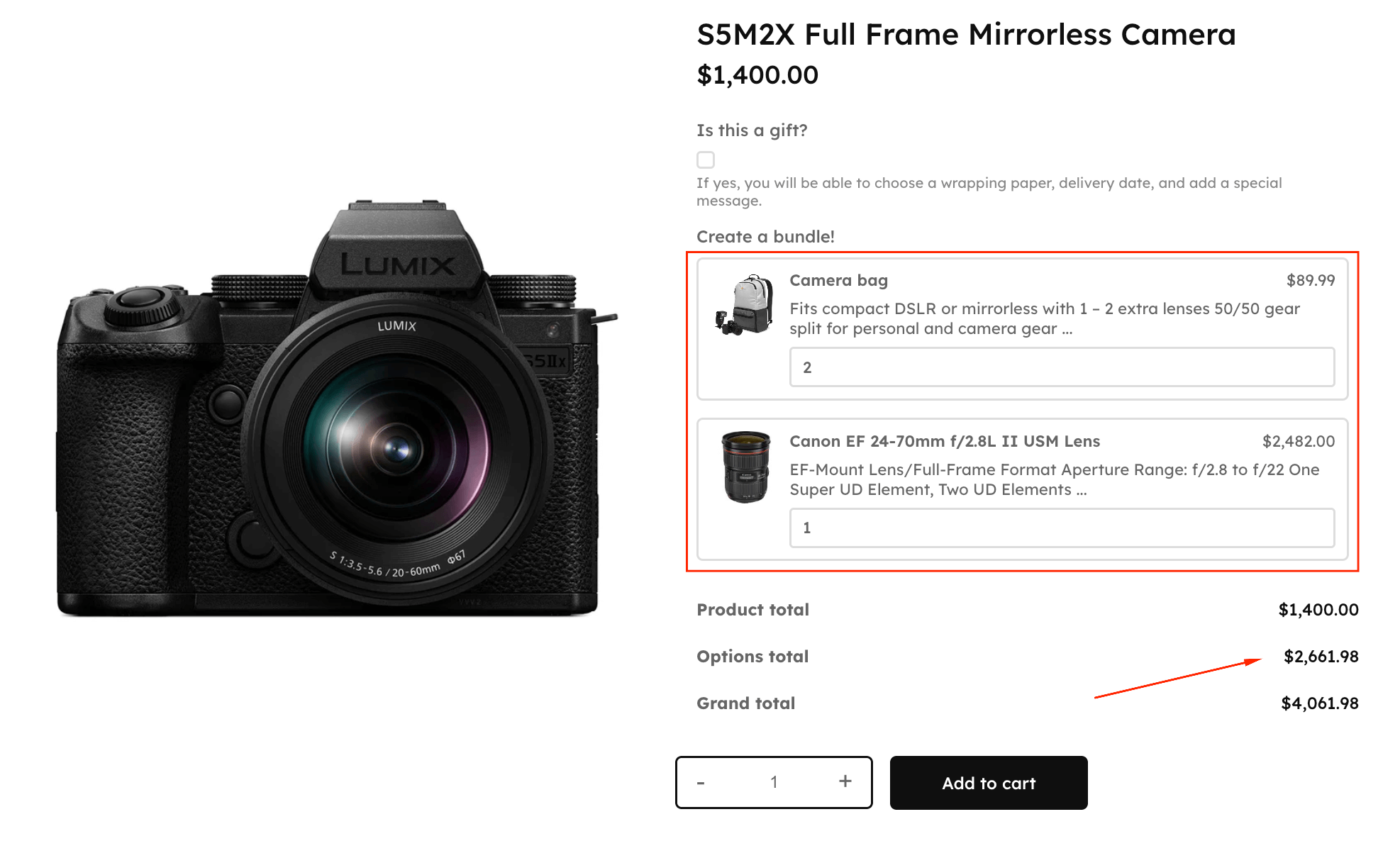 Showing the product on the front end and how selections affect pricing