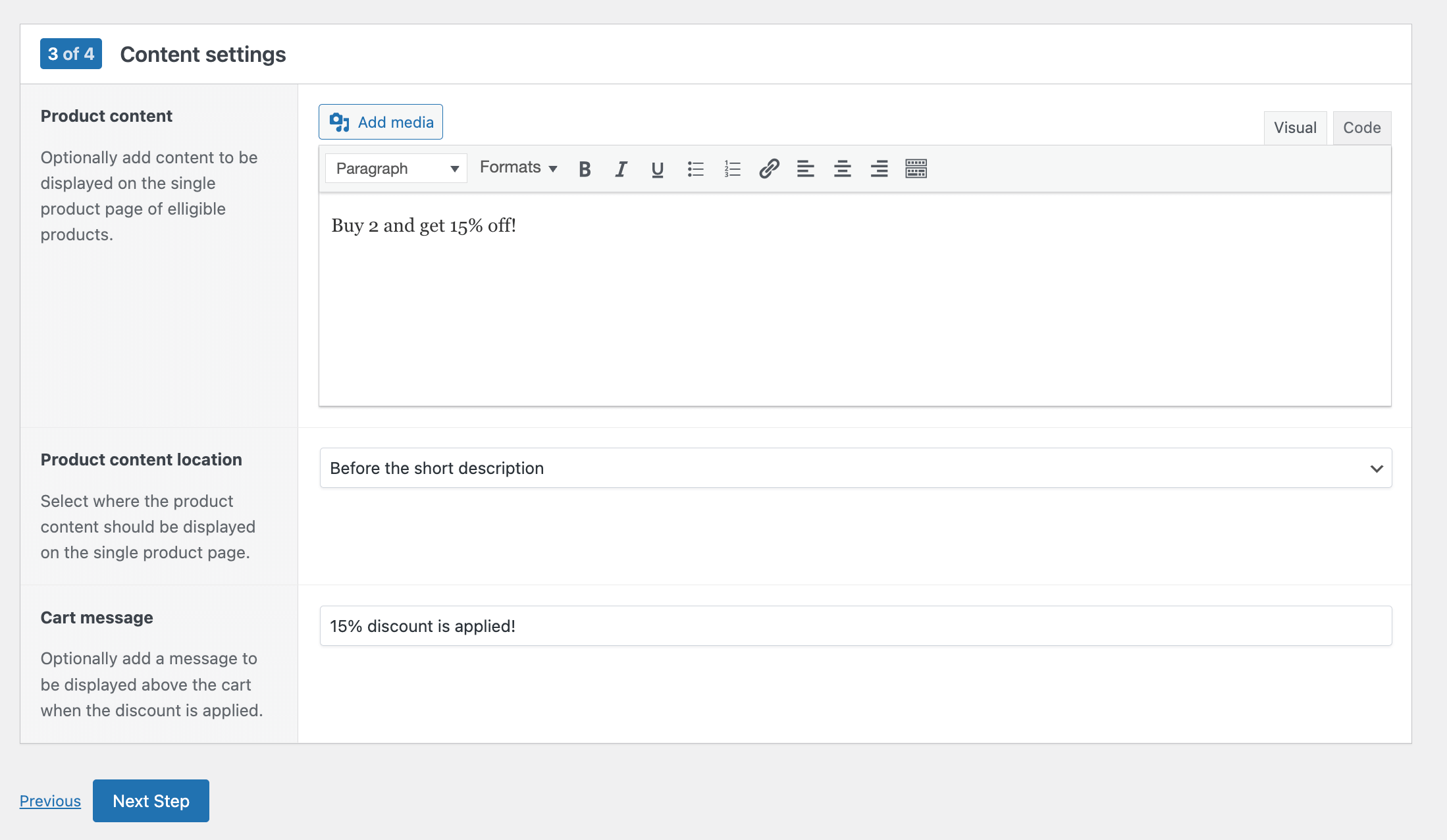 Creating a discount in WooCommerce step 3: content settings