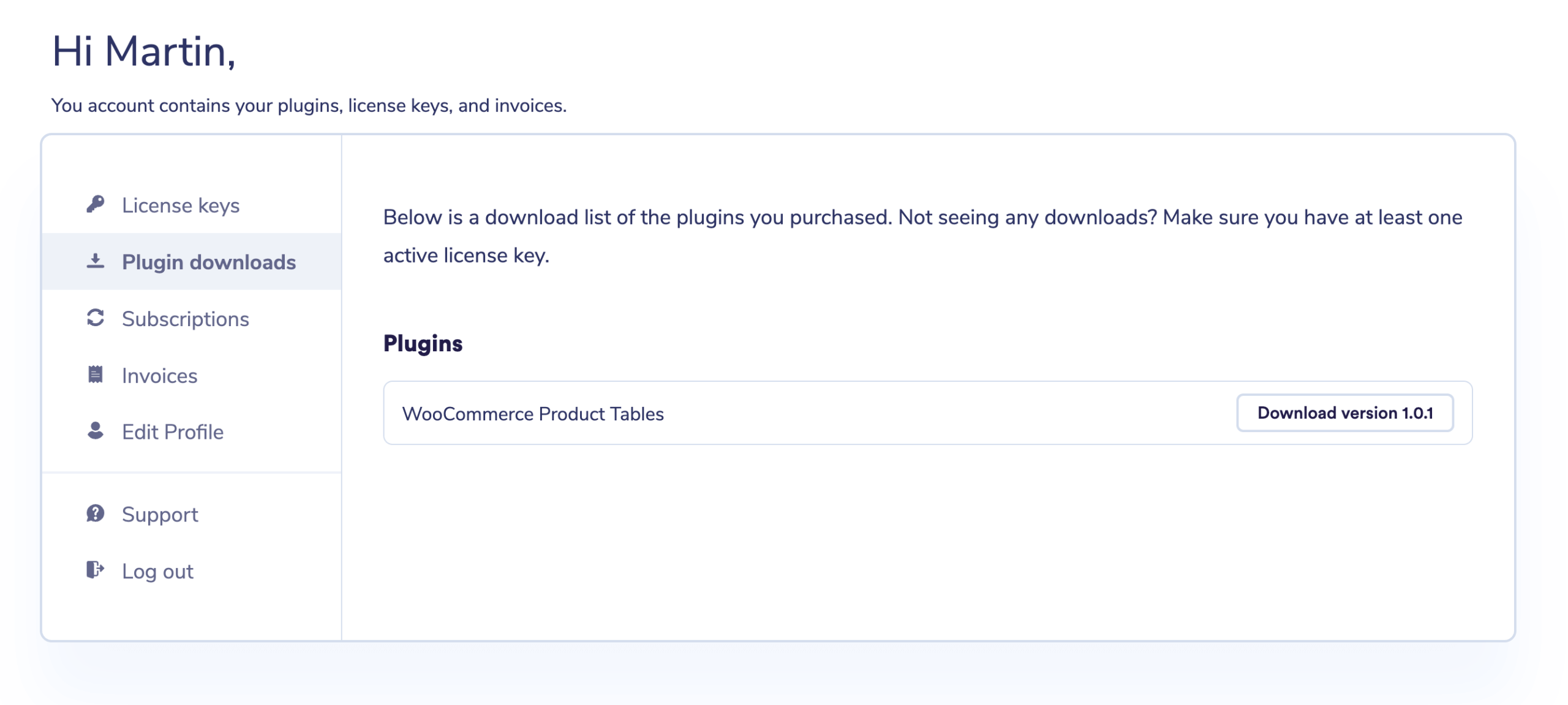 Download WooCommerce Product Tables from your Wombat Plugins account