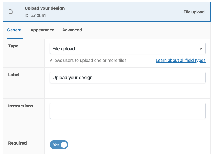 APF file upload settings in the WooCommerce backend