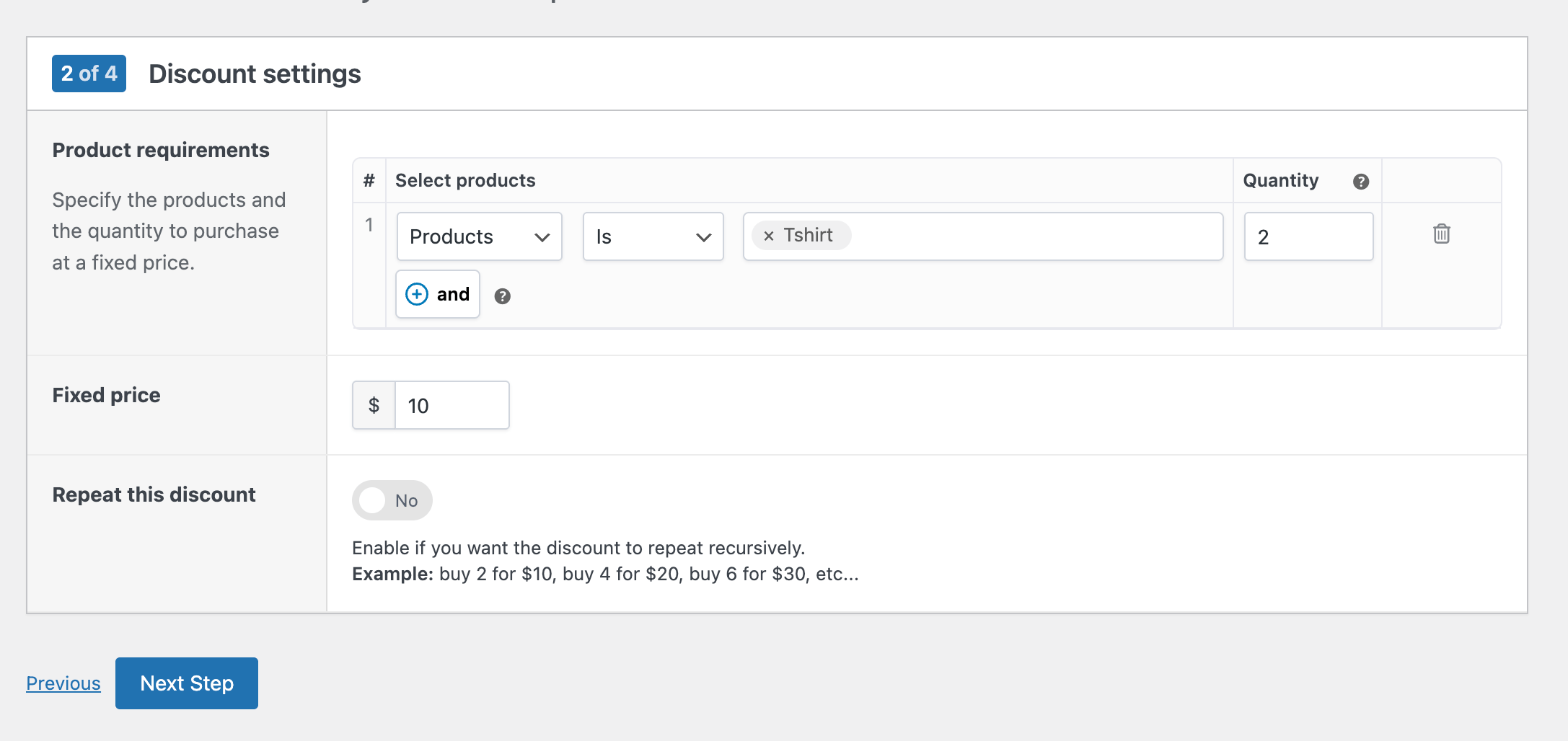 Create a "fixed price  products" discount in WooCommerce - step 2: select product requirements