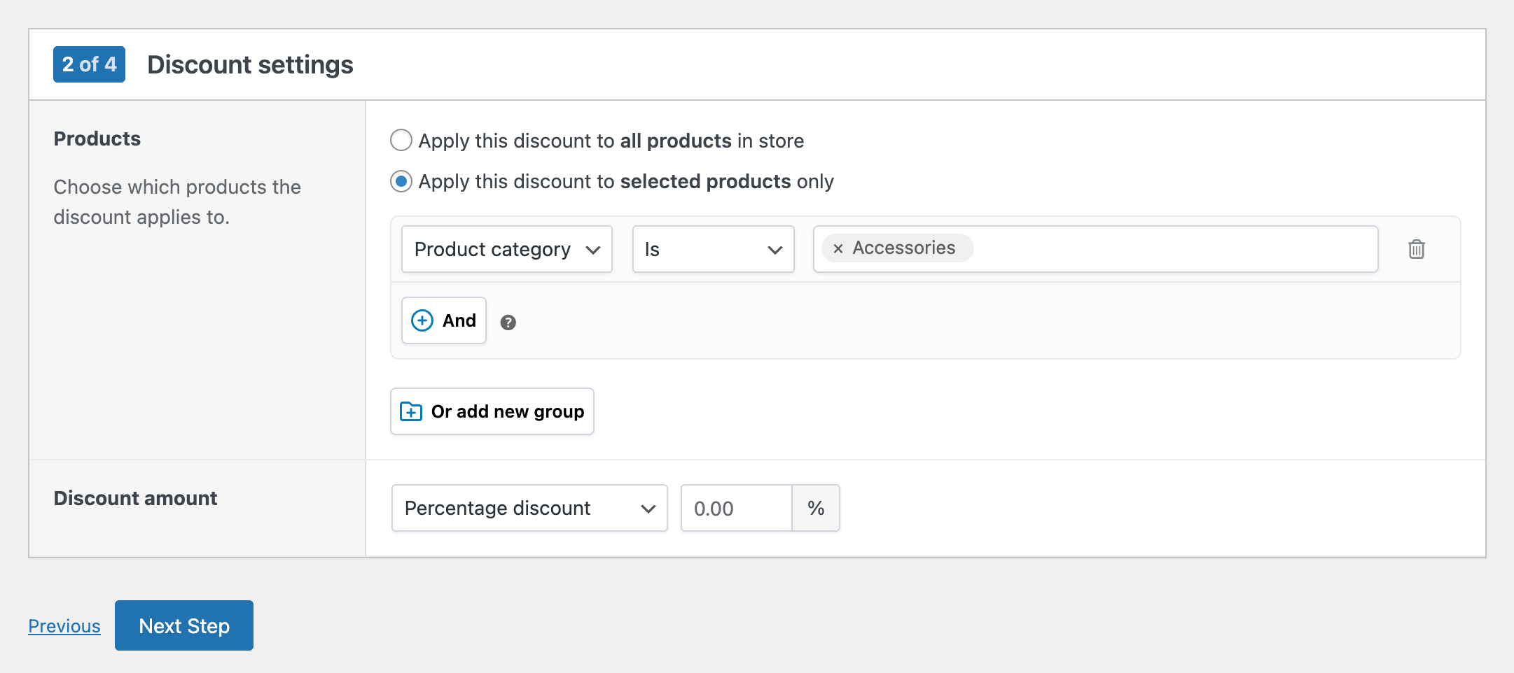 Create a flat discount in WooCommerce - step 2: select product requirements