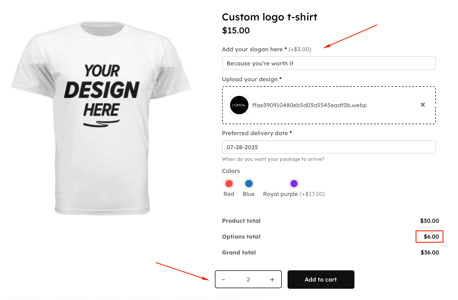 Example of additional options with extra pricing on a WooCommerce product page