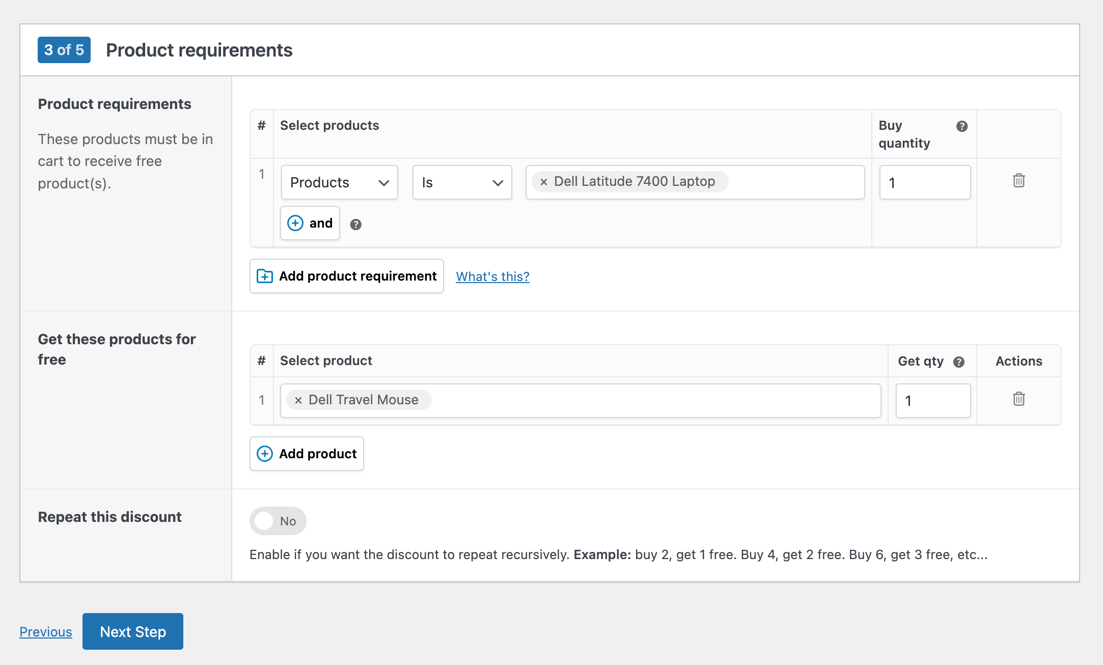 Create a "free products" discount in WooCommerce: select product requirements