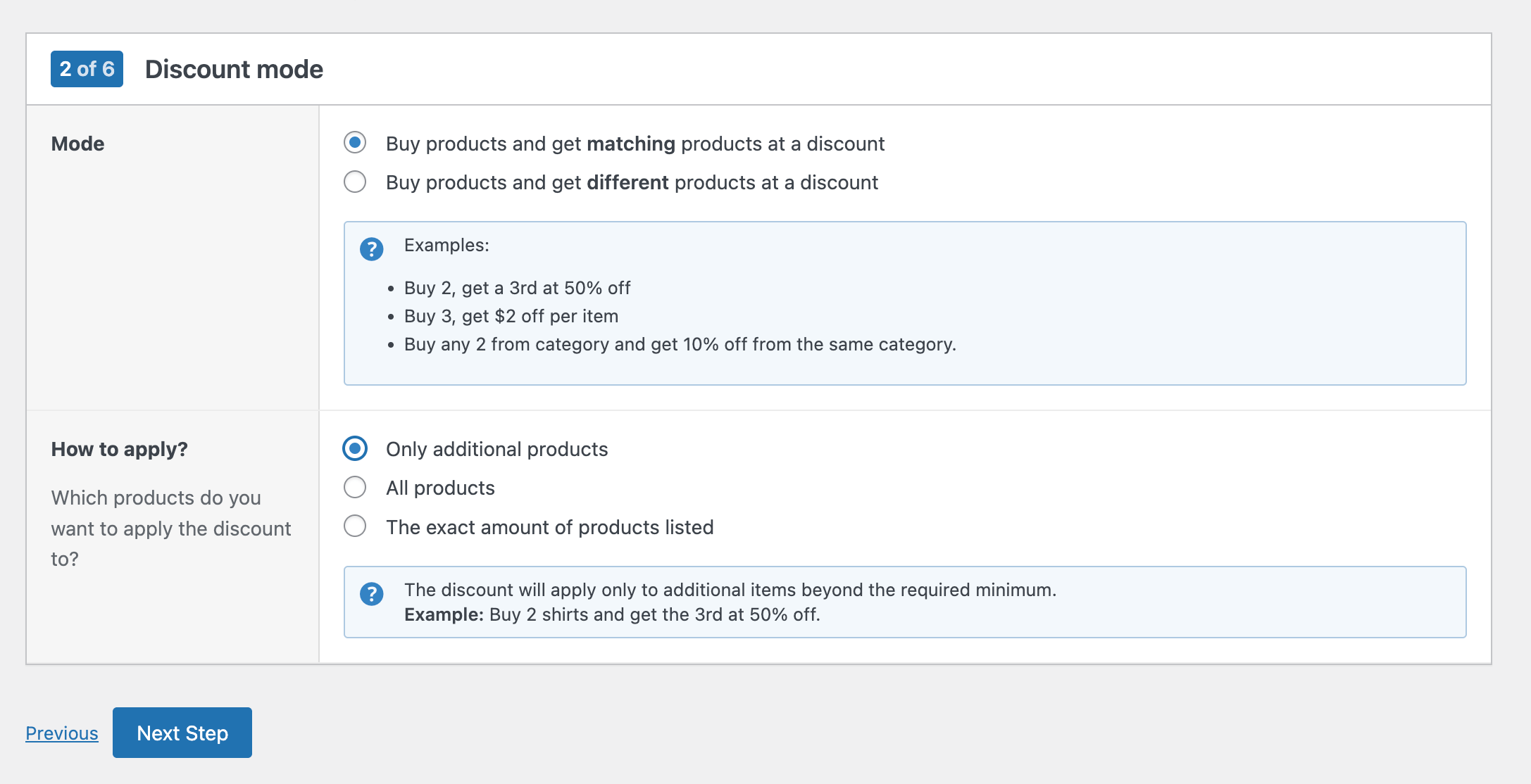 Create a "buy x get y discount" in WooCommerce - step 2: select modi