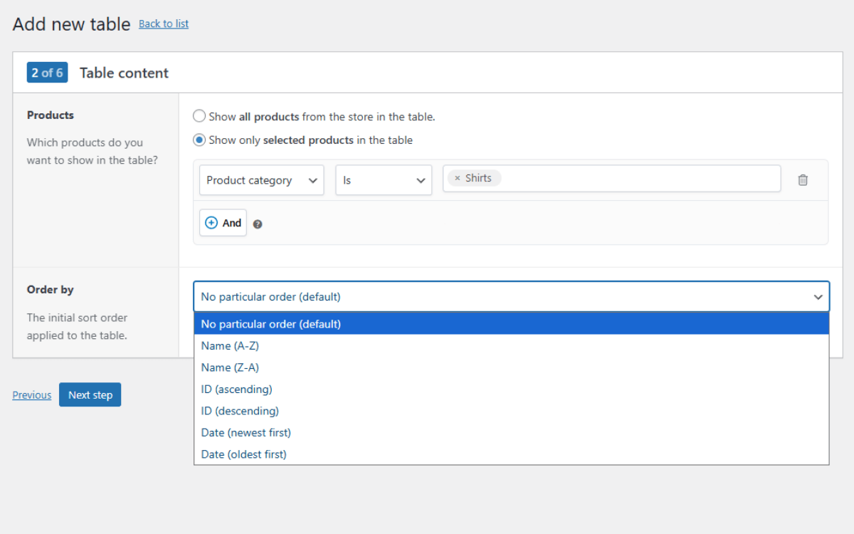 pick woocommerce table content